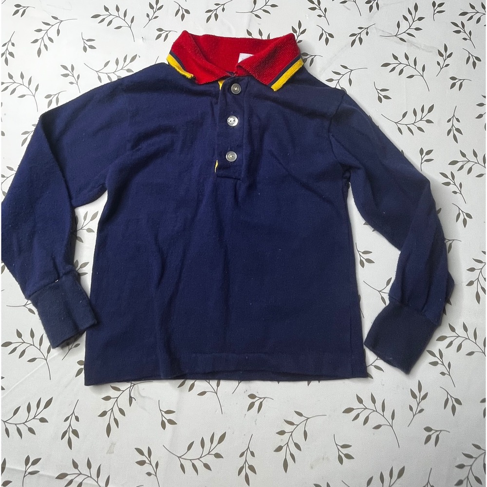 Vintage Archdale Kids 4 Navy Long Sleeve Polo Shirt Red Striped Collar USA 80s